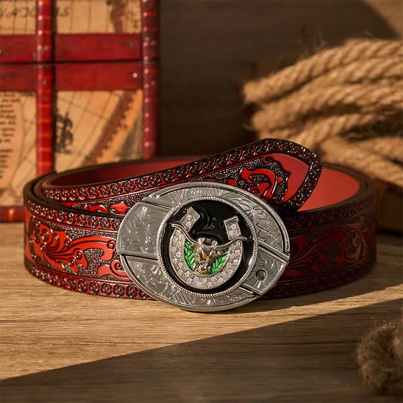 Strass-Longhorn-Bull- und Hufeisen-DIY-Versteckte Klappmesserschnalle Ledergürtel - Longhorn Bull & Horseshoe - Brauner geschnitzter Gürtel - 42 - image 6