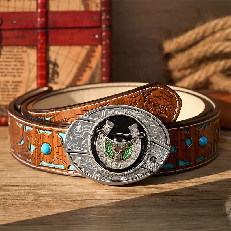 Strass-Longhorn-Bull- und Hufeisen-DIY-Versteckte Klappmesserschnalle Ledergürtel - Longhorn Bull & Horseshoe - Türkisfarbener, geschnitzter Gürtel - 42 - image 3