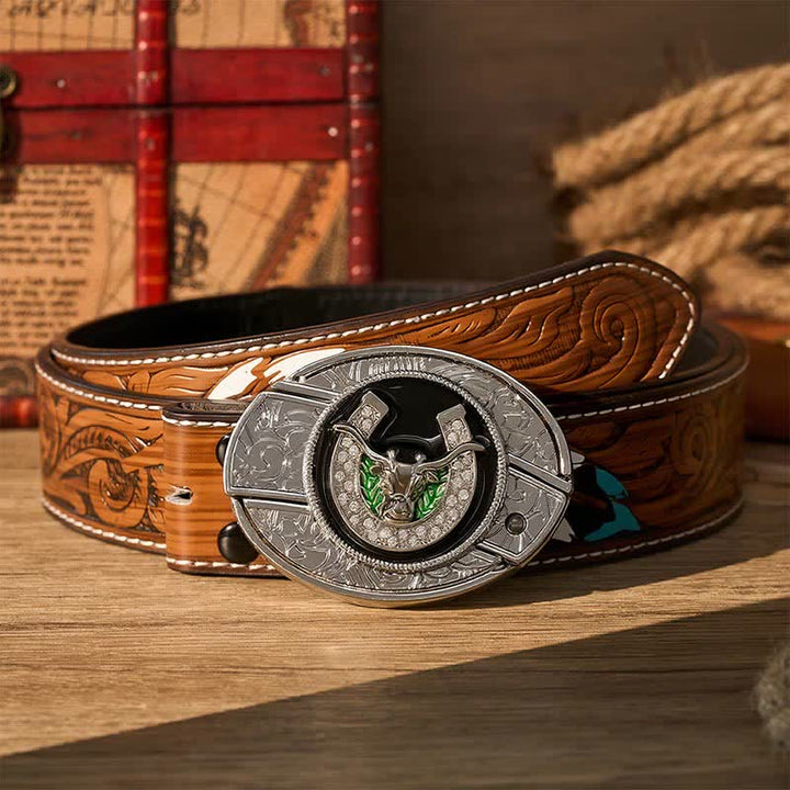 Strass-Longhorn-Bull- und Hufeisen-DIY-Versteckte Klappmesserschnalle Ledergürtel - Longhorn Bull & Horseshoe - Brauner Federgürtel - 40 - image 7