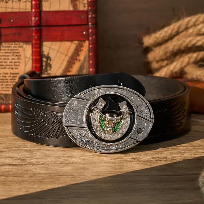 Strass-Longhorn-Bull- und Hufeisen-DIY-Versteckte Klappmesserschnalle Ledergürtel - Longhorn Bull & Horseshoe - Schwarzer Gürtel mit Adlerprägung - 42 - image 2