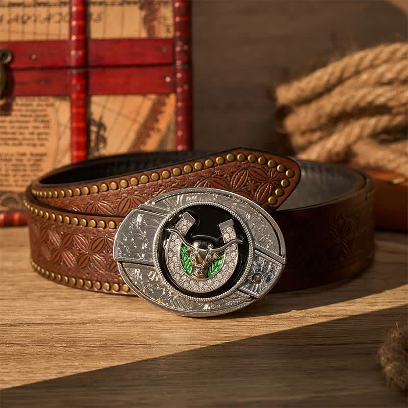 Strass-Longhorn-Bull- und Hufeisen-DIY-Versteckte Klappmesserschnalle Ledergürtel - Longhorn Bull & Horseshoe - Brauner Nietgürtel - 42 - image 4