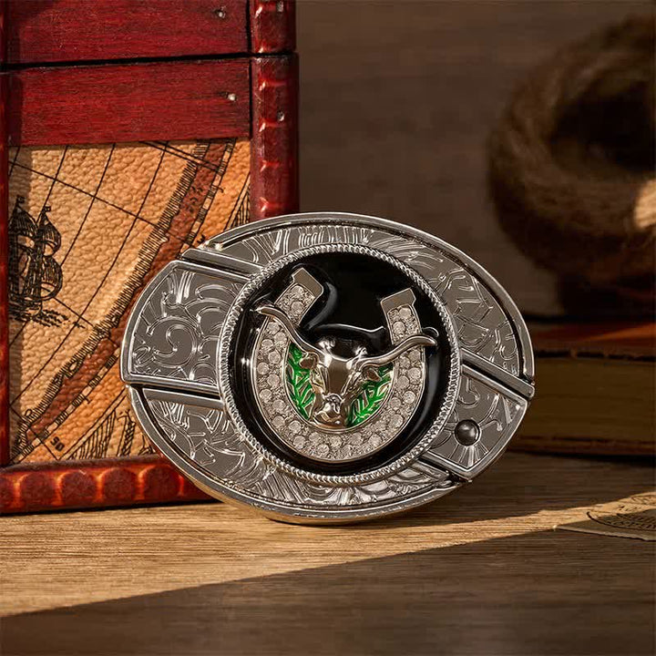 Strass-Longhorn-Bull- und Hufeisen-DIY-Versteckte Klappmesserschnalle Ledergürtel - Longhorn Bull & Horseshoe - Ohne Gürtel - Nicht im Lieferumfang enthalten: Gürtel - image 0