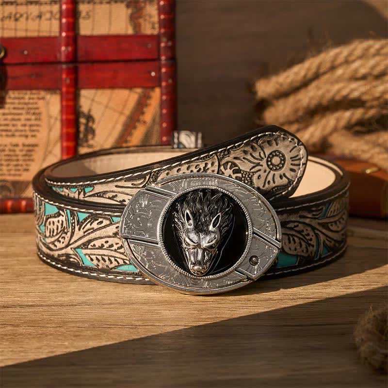 Western Lone Wolf DIY Verstecktes Klappmesser Schnalle Ledergürtel - Wolf - Grauer Gürtel mit Blumenmuster - 42 - image 8