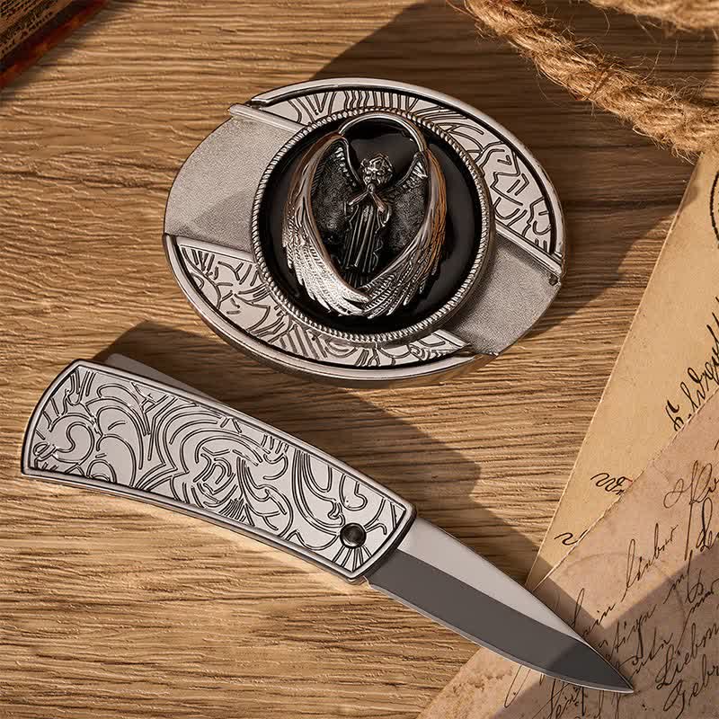 Gothic betender Schutzengel DIY Verstecktes Klappmesser Schnalle Ledergürtel - image 1