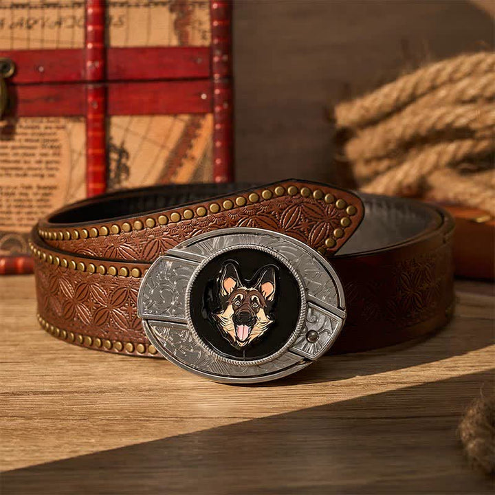 Deutscher Schäferhund DIY Verstecktes Klappmesser Schnalle Ledergürtel - Deutscher Schäferhund - Brauner Nietgürtel - 42 - image 4