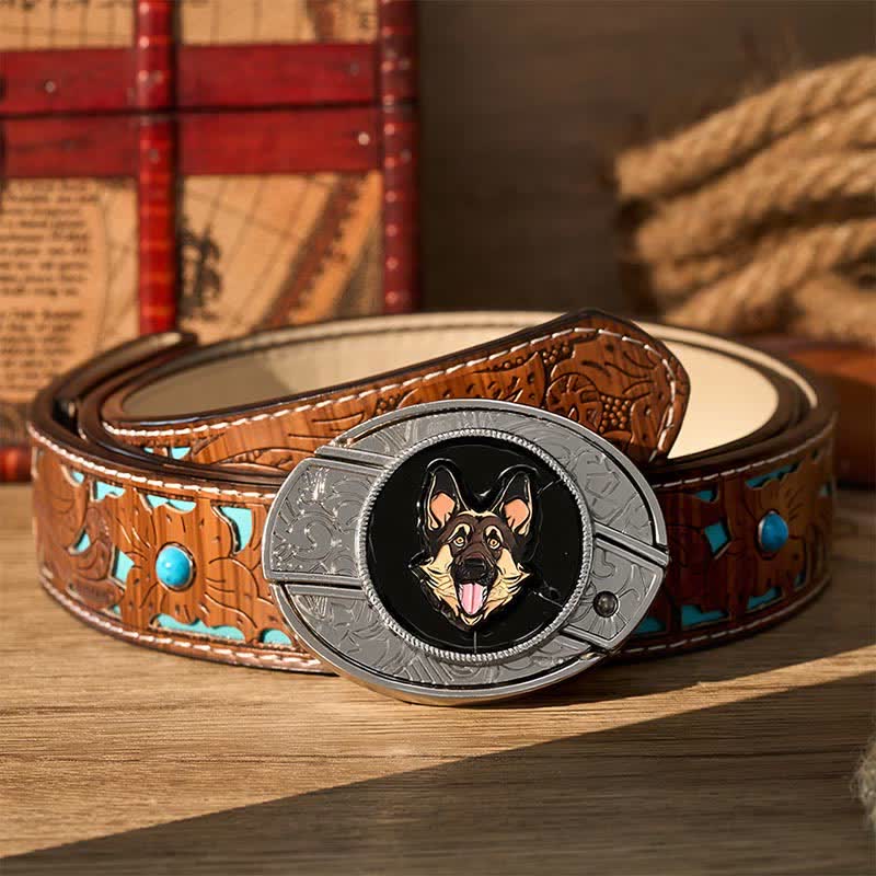 Deutscher Schäferhund DIY Verstecktes Klappmesser Schnalle Ledergürtel - Deutscher Schäferhund - Türkisfarbener, geschnitzter Gürtel - 42 - image 3
