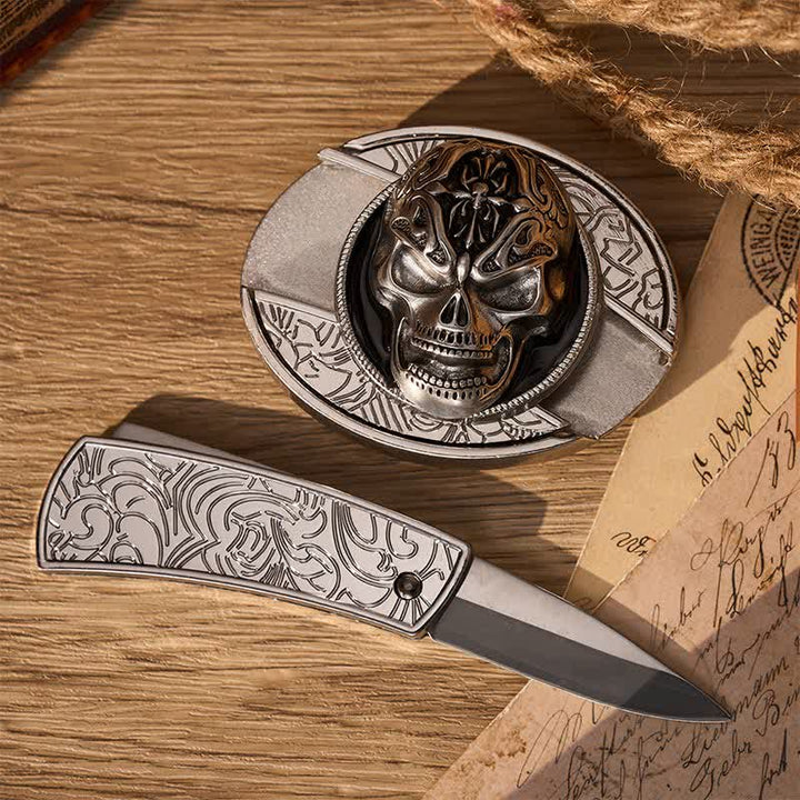 gotisch-barocker Totenkopf DIY Verstecktes Klappmesser Schnalle Ledergürtel - image 1