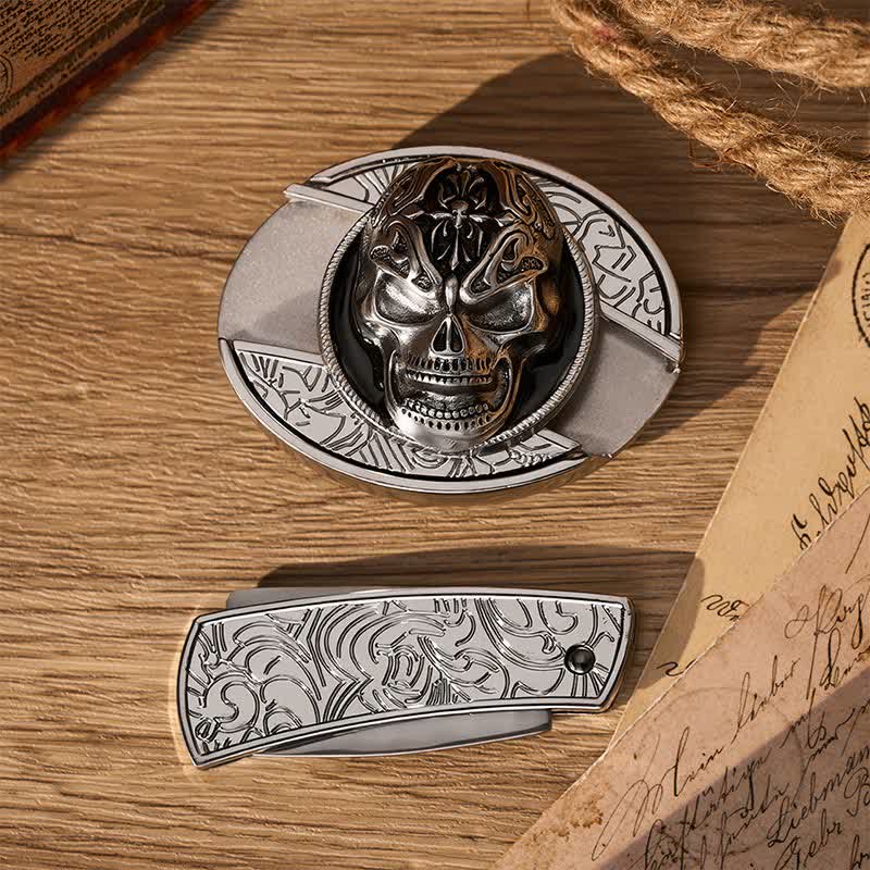 gotisch-barocker Totenkopf DIY Verstecktes Klappmesser Schnalle Ledergürtel - image 9