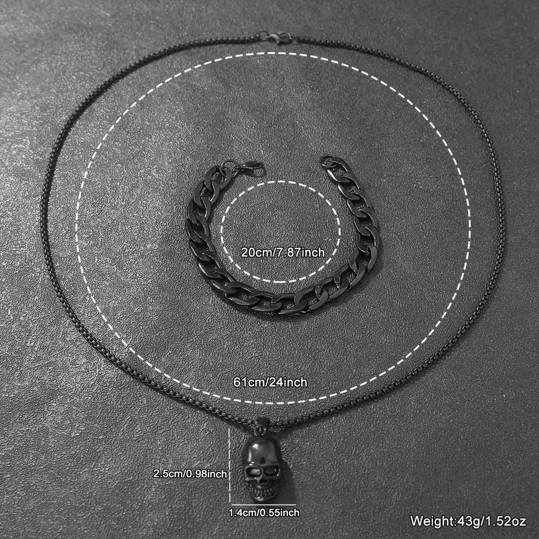 2-teiliges Set aus schwarzer Totenkopf-Halskette und kubanischem Armband für Herren - image 4