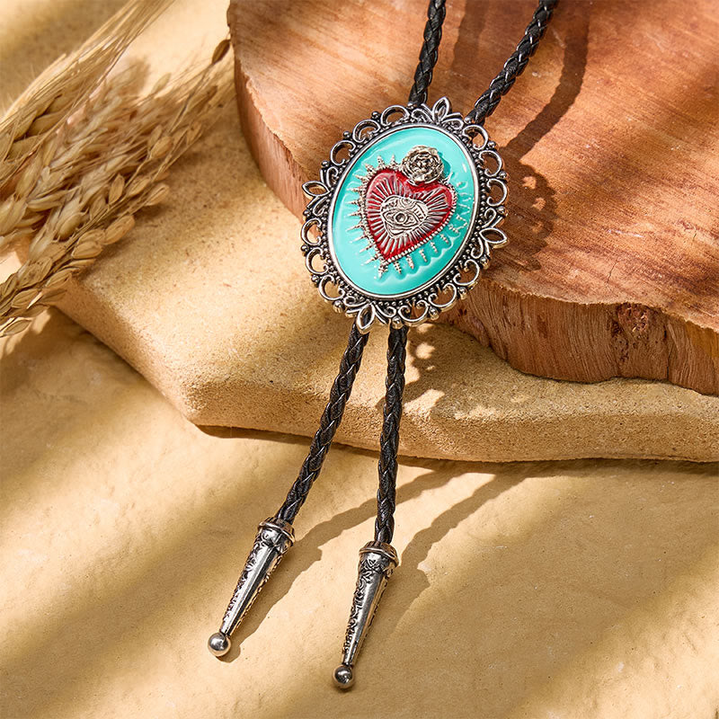 Boho-Western-Bolo-Krawatte in Blaugrün mit Emaille und Herz-Jesu-Motiv - Blau - image 0