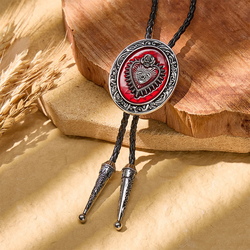 Runde rote Bolo-Krawatte mit Emaille-Motiv und Herzmotiv im Vintage-Stil - Rot - image 0