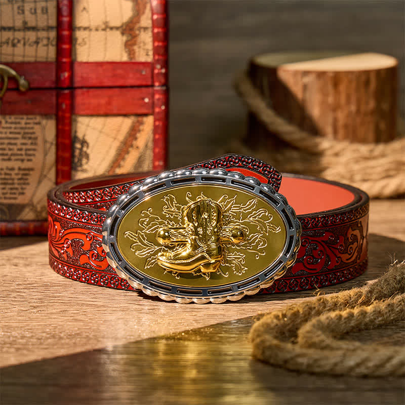 Vergoldeter Ledergürtel mit Cowboy-Westernstiefel- und Sporenschnalle zum Selbermachen - Gold - Brauner geschnitzter Gürtel - 42 - image 6