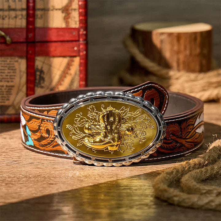 Vergoldeter Ledergürtel mit Cowboy-Westernstiefel- und Sporenschnalle zum Selbermachen - Gold - Brauner Federgürtel - 40 - image 7
