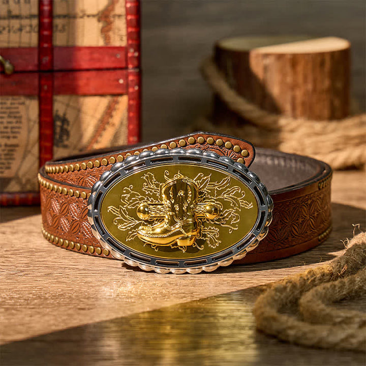 Vergoldeter Ledergürtel mit Cowboy-Westernstiefel- und Sporenschnalle zum Selbermachen - Gold - Brauner Nietgürtel - 42 - image 4