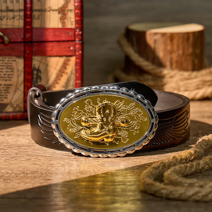 Vergoldeter Ledergürtel mit Cowboy-Westernstiefel- und Sporenschnalle zum Selbermachen - Gold - Schwarzer Gürtel mit Adlerprägung - 42 - image 2