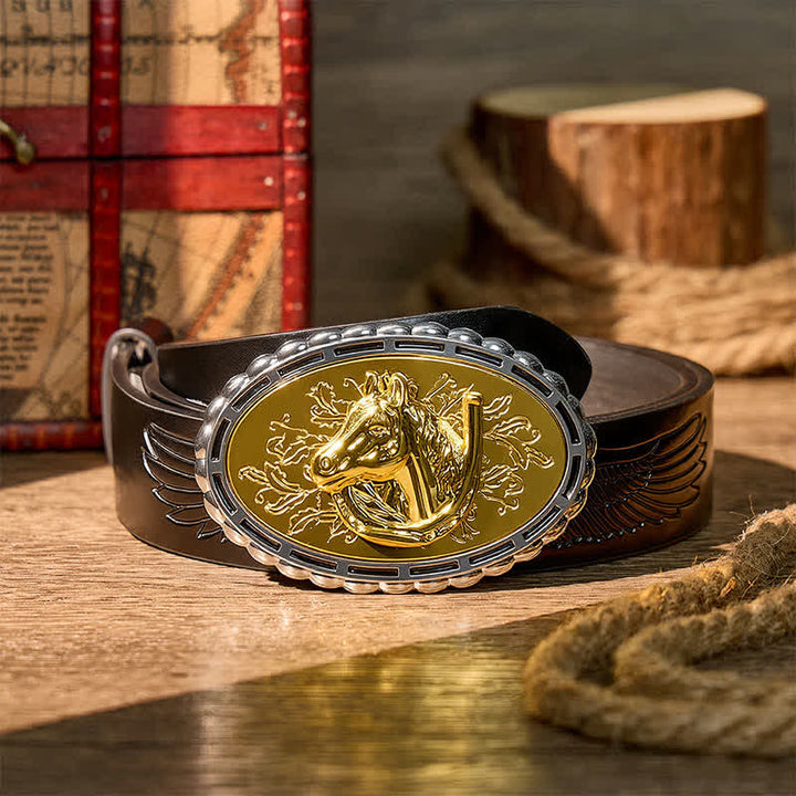 Glücksbringer-Hufeisen- und Pferdekopf-Ledergürtel mit goldener Schnalle zum Selbermachen - Gold - Schwarzer Gürtel mit Adlerprägung - 42 - image 2
