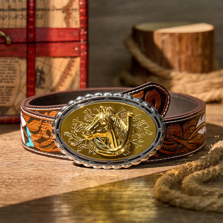 Glücksbringer-Hufeisen- und Pferdekopf-Ledergürtel mit goldener Schnalle zum Selbermachen - Gold - Brauner Federgürtel - 40 - image 7