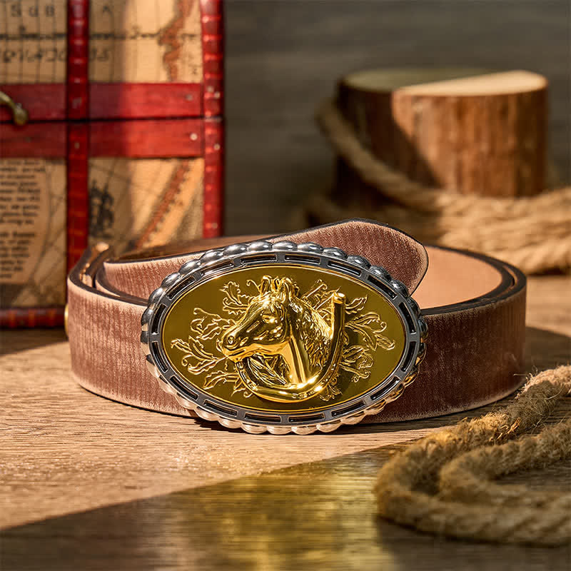 Glücksbringer-Hufeisen- und Pferdekopf-Ledergürtel mit goldener Schnalle zum Selbermachen - Gold - Brauner, abgenutzter Gürtel - 42 - image 5