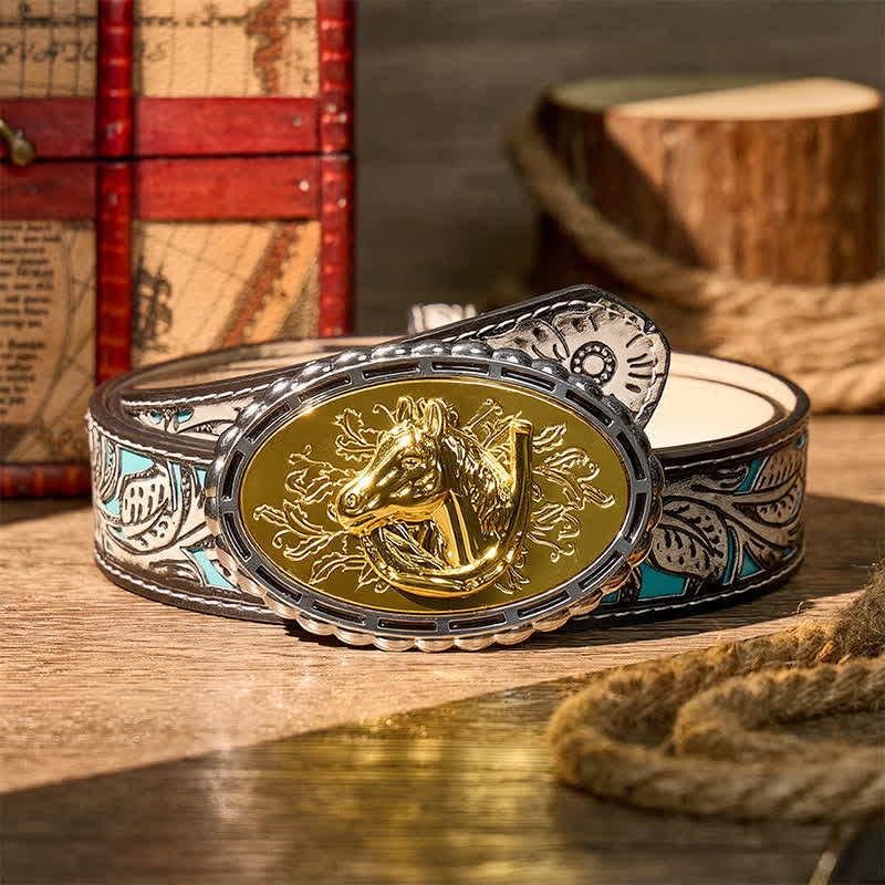 Glücksbringer-Hufeisen- und Pferdekopf-Ledergürtel mit goldener Schnalle zum Selbermachen - Gold - Grauer Gürtel mit Blumenmuster - 42 - image 8
