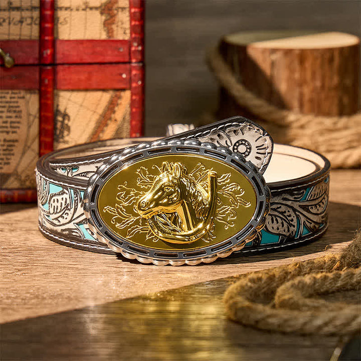Glücksbringer-Hufeisen- und Pferdekopf-Ledergürtel mit goldener Schnalle zum Selbermachen - Gold - Grauer Gürtel mit Blumenmuster - 42 - image 8