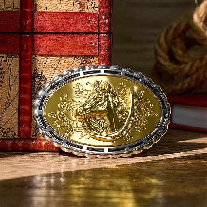 Glücksbringer-Hufeisen- und Pferdekopf-Ledergürtel mit goldener Schnalle zum Selbermachen - Gold - Ohne Gürtel - Nicht im Lieferumfang enthalten: Gürtel - image 0