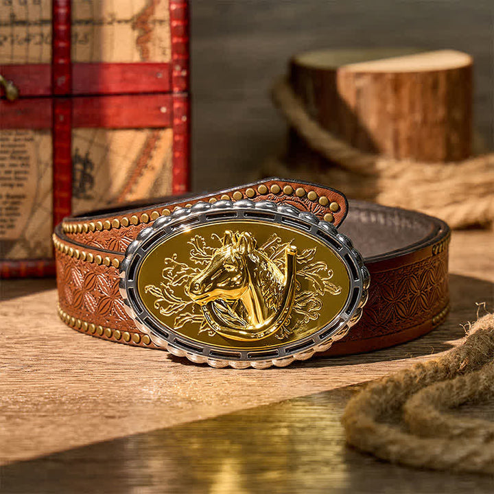 Glücksbringer-Hufeisen- und Pferdekopf-Ledergürtel mit goldener Schnalle zum Selbermachen - Gold - Brauner Nietgürtel - 42 - image 4