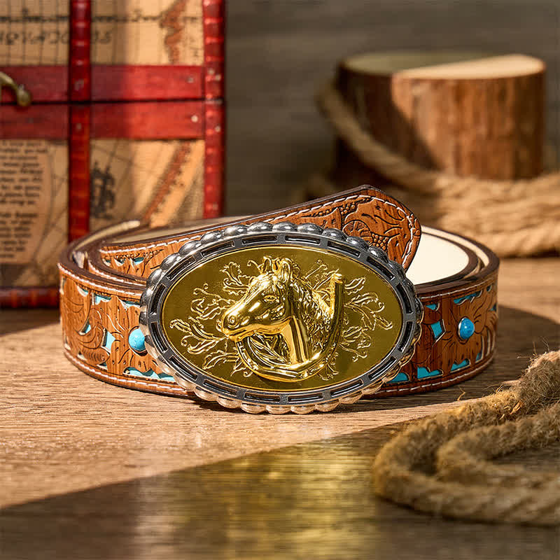 Glücksbringer-Hufeisen- und Pferdekopf-Ledergürtel mit goldener Schnalle zum Selbermachen - Gold - Türkisfarbener, geschnitzter Gürtel - 42 - image 3