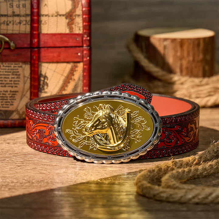 Glücksbringer-Hufeisen- und Pferdekopf-Ledergürtel mit goldener Schnalle zum Selbermachen - Gold - Brauner geschnitzter Gürtel - 42 - image 6
