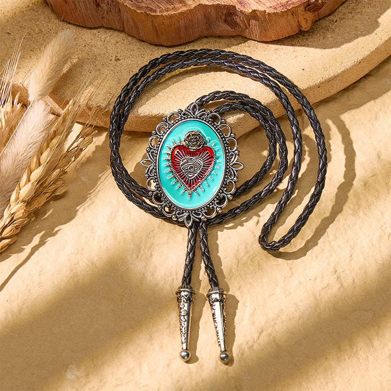 Boho-Western-Bolo-Krawatte in Blaugrün mit Emaille und Herz-Jesu-Motiv - image 3
