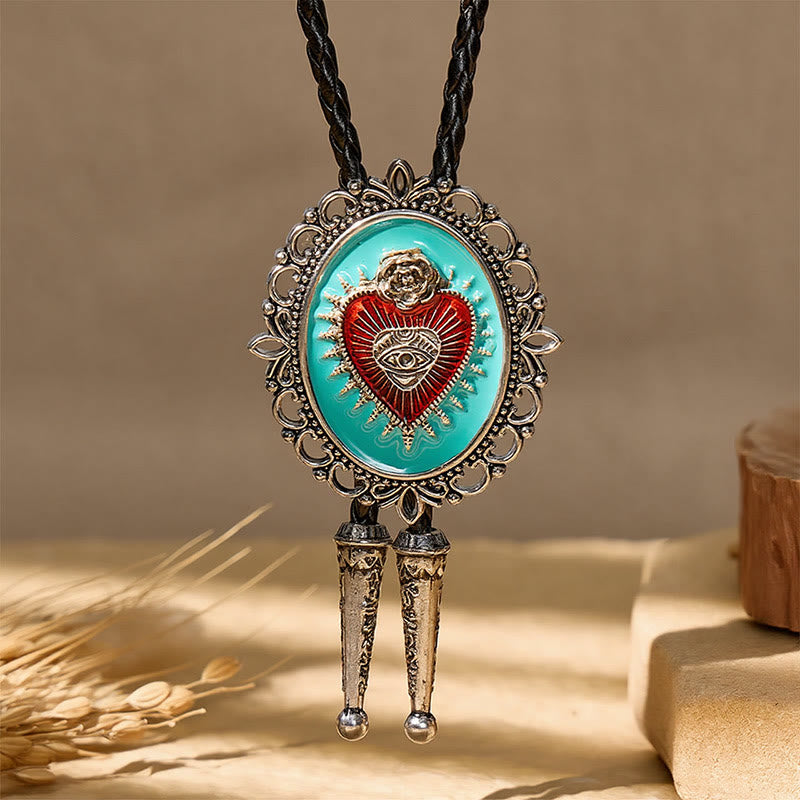 Boho-Western-Bolo-Krawatte in Blaugrün mit Emaille und Herz-Jesu-Motiv - image 2