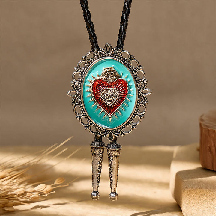Boho-Western-Bolo-Krawatte in Blaugrün mit Emaille und Herz-Jesu-Motiv - image 2