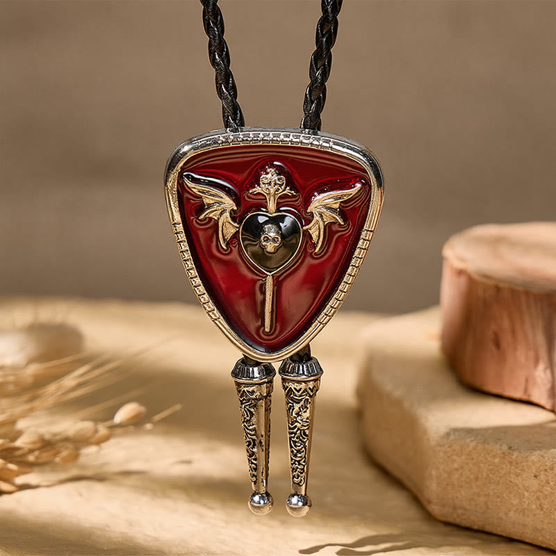 Gothic Western Winged Skull Red Enamel Bolo Tie - image 6