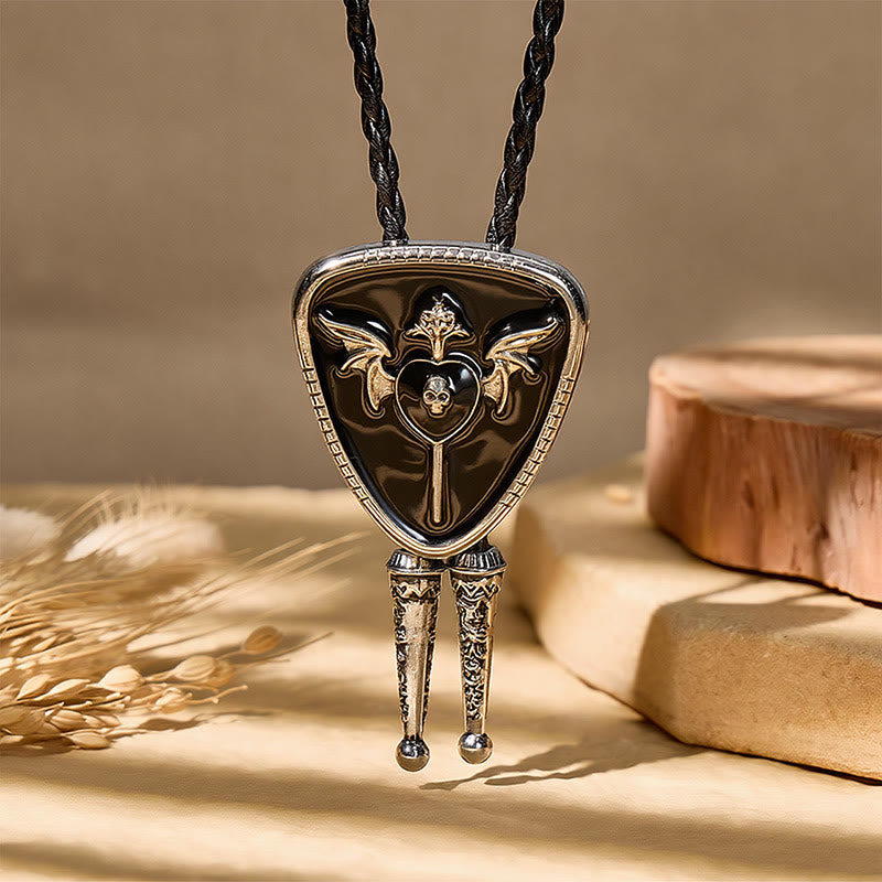 Gothic Western Winged Skull Red Enamel Bolo Tie - image 6