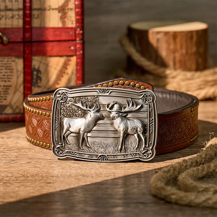 Patriotisches Wildtiermotiv: Zwei Elche im Western-Stil, DIY-Schnalle, Ledergürtel - Silber - Brauner Nietgürtel - 42 - image 4