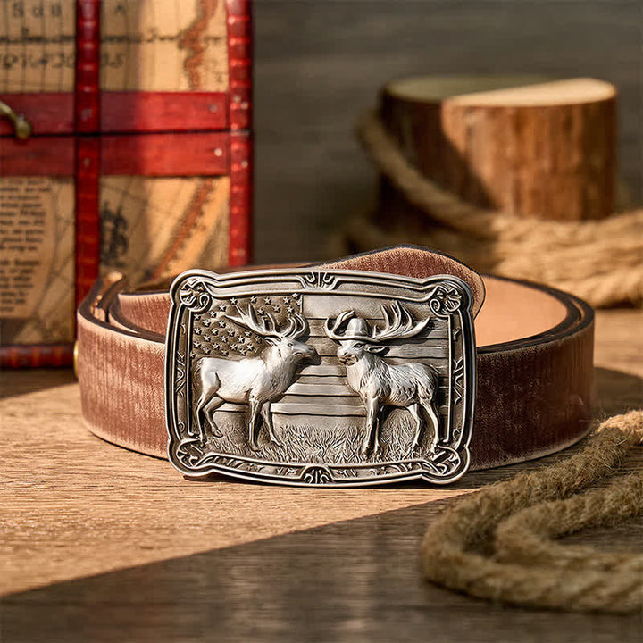 Patriotisches Wildtiermotiv: Zwei Elche im Western-Stil, DIY-Schnalle, Ledergürtel - Silber - Brauner, abgenutzter Gürtel - 42 - image 5