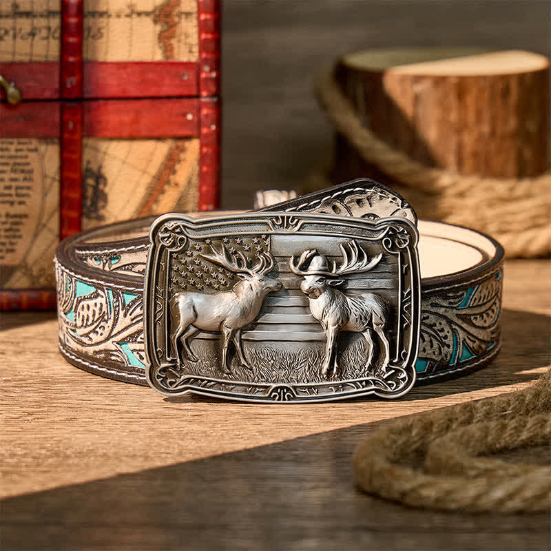 Patriotisches Wildtiermotiv: Zwei Elche im Western-Stil, DIY-Schnalle, Ledergürtel - Silber - Grauer Gürtel mit Blumenmuster - 42 - image 8
