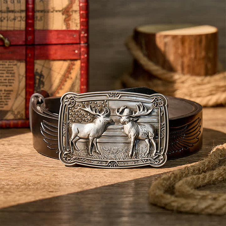 Patriotisches Wildtiermotiv: Zwei Elche im Western-Stil, DIY-Schnalle, Ledergürtel - Silber - Schwarzer Gürtel mit Adlerprägung - 42 - image 2