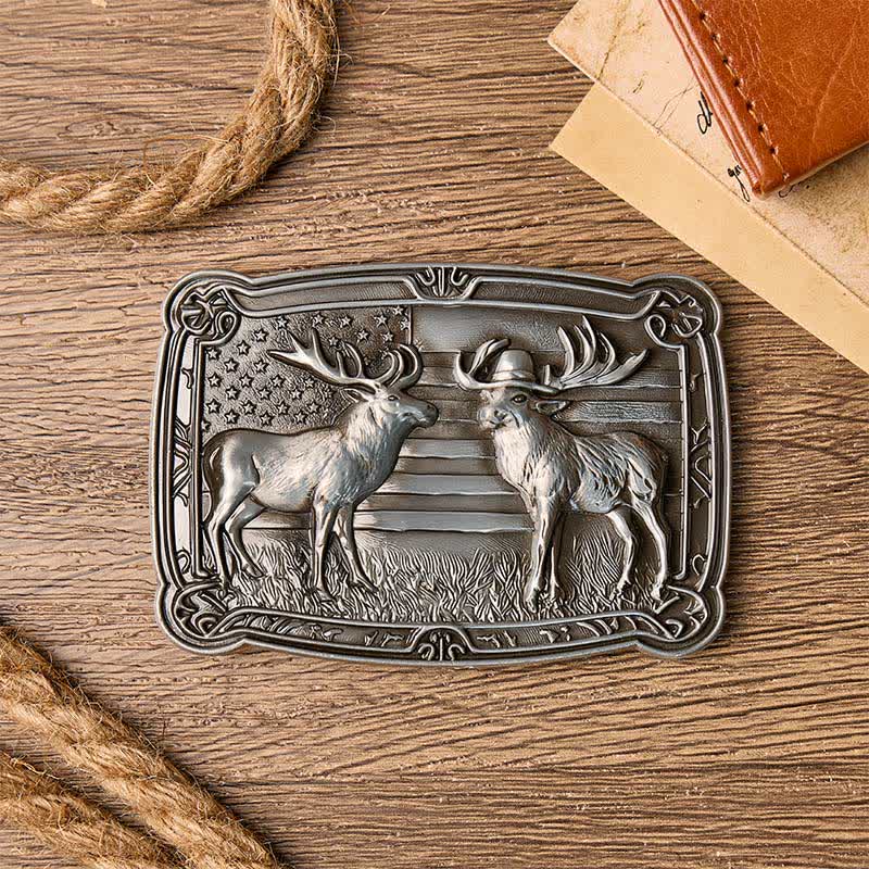Patriotisches Wildtiermotiv: Zwei Elche im Western-Stil, DIY-Schnalle, Ledergürtel - image 1