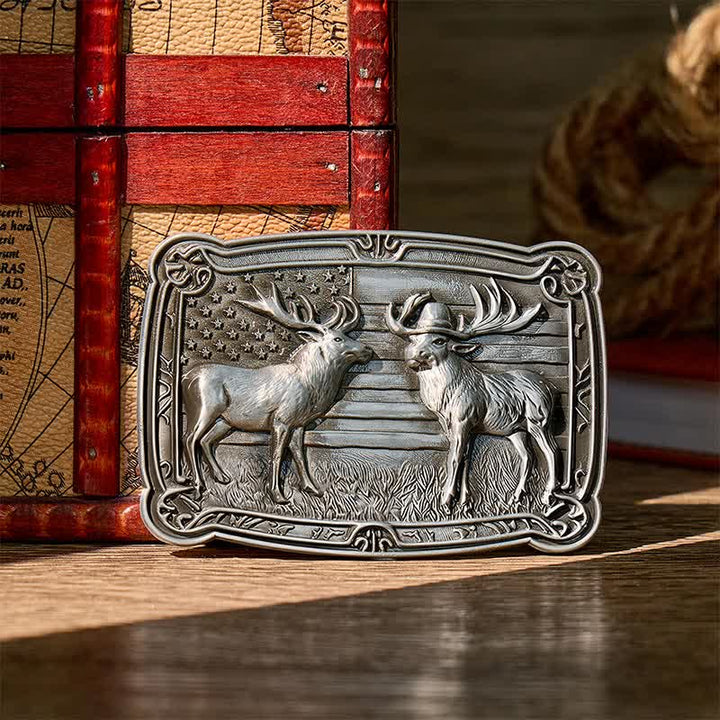 Patriotisches Wildtiermotiv: Zwei Elche im Western-Stil, DIY-Schnalle, Ledergürtel - Silber - Ohne Gürtel - Nicht im Lieferumfang enthalten: Gürtel - image 0