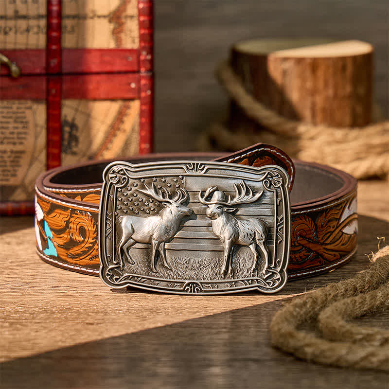 Patriotisches Wildtiermotiv: Zwei Elche im Western-Stil, DIY-Schnalle, Ledergürtel - Silber - Brauner Federgürtel - 40 - image 7
