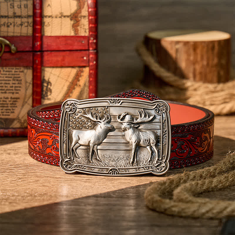Patriotisches Wildtiermotiv: Zwei Elche im Western-Stil, DIY-Schnalle, Ledergürtel - Silber - Brauner geschnitzter Gürtel - 42 - image 6