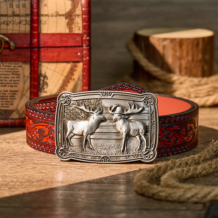 Patriotisches Wildtiermotiv: Zwei Elche im Western-Stil, DIY-Schnalle, Ledergürtel - Silber - Brauner geschnitzter Gürtel - 42 - image 6
