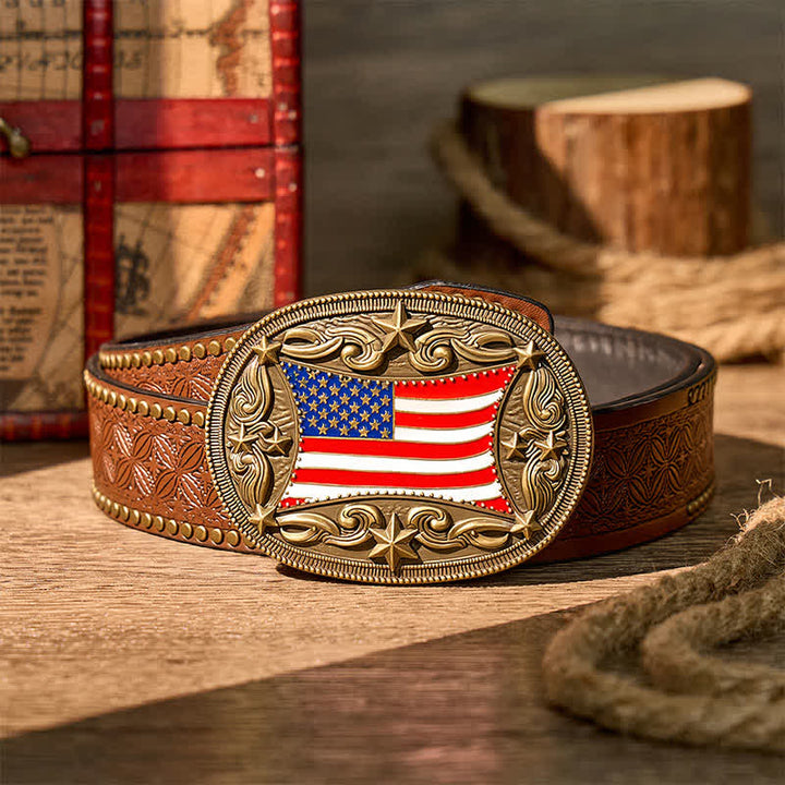 Patriotischer, emaillierter Ledergürtel mit amerikanischer Flagge zum Selbermachen - Bronze - Brauner Nietgürtel - 42 - image 4