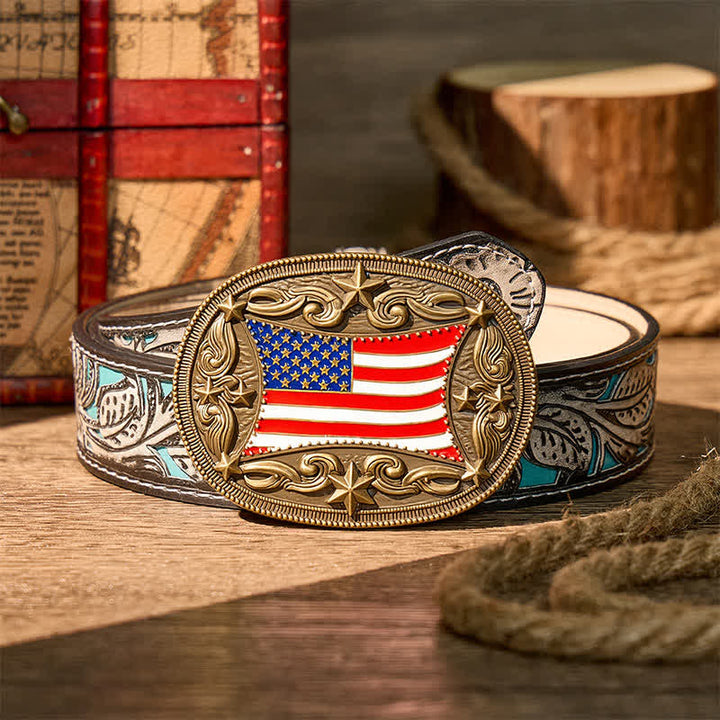 Patriotischer, emaillierter Ledergürtel mit amerikanischer Flagge zum Selbermachen - Bronze - Grauer Gürtel mit Blumenmuster - 42 - image 8