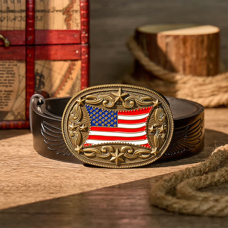 Patriotischer, emaillierter Ledergürtel mit amerikanischer Flagge zum Selbermachen - Bronze - Schwarzer Gürtel mit Adlerprägung - 42 - image 2
