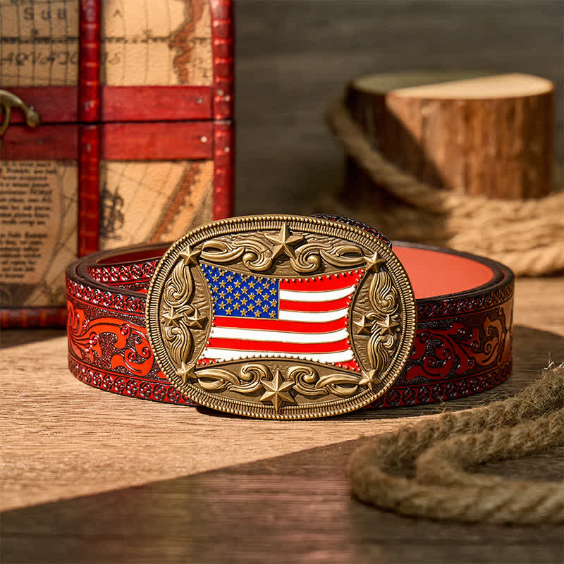 Patriotischer, emaillierter Ledergürtel mit amerikanischer Flagge zum Selbermachen - Bronze - Brauner geschnitzter Gürtel - 42 - image 6