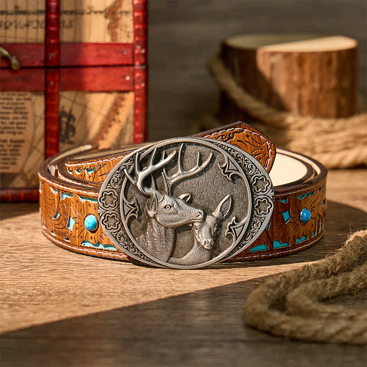 Majestic Love Stag And Doe DIY Buckle Leather Belt - Silber - Türkisfarbener, geschnitzter Gürtel - 42 - image 3