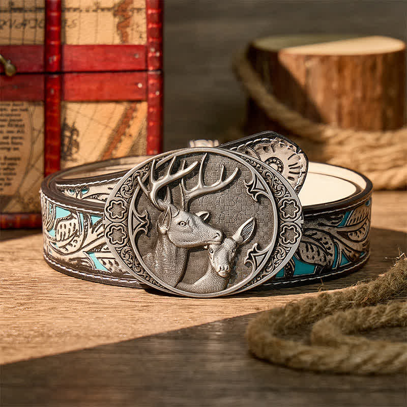 Majestic Love Stag And Doe DIY Buckle Leather Belt - Silber - Grauer Gürtel mit Blumenmuster - 42 - image 8