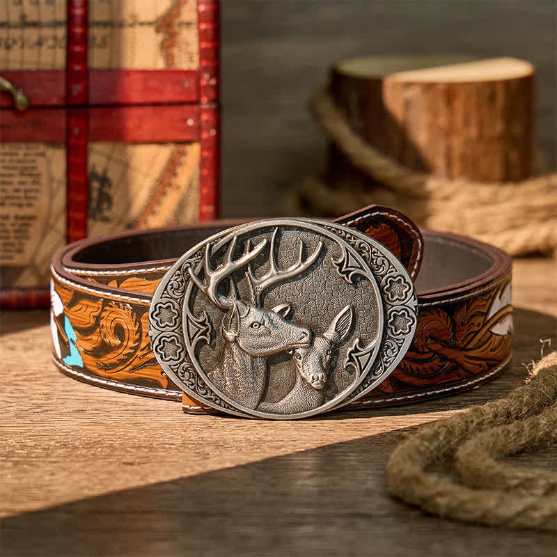 Majestic Love Stag And Doe DIY Buckle Leather Belt - Silber - Brauner Federgürtel - 40 - image 7