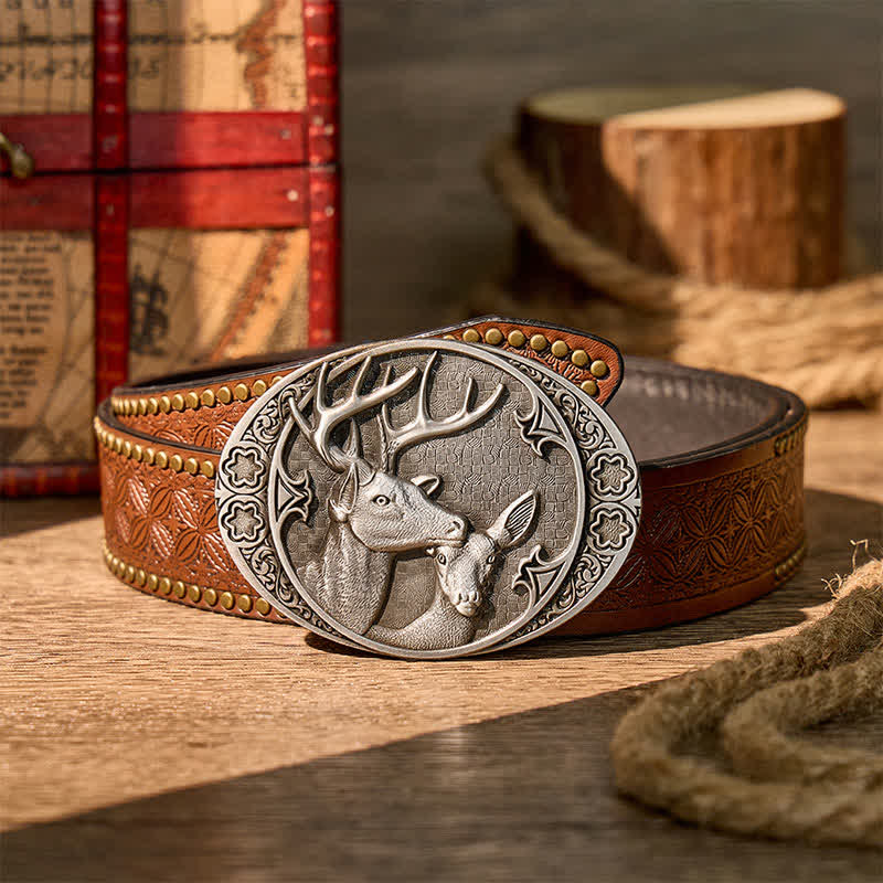 Majestic Love Stag And Doe DIY Buckle Leather Belt - Silber - Brauner Nietgürtel - 42 - image 4
